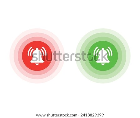 Ringing bell icons in green and red circle shapes. Vector illustration.