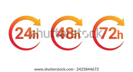 12, 24, 48 and 72 hours clock arrow. Vector work time effect or delivery service time icons