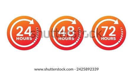 24, 48, and 72 hours clock arrow. Vector work time effect or delivery service time icons