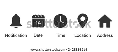 Date, Time, Address, Place, Bell,  Location, and Place icons vector in trendy style