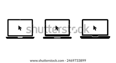 Laptop with pointer or cursor icon set. Notebook vector icon. Display with clicking mouse on white background.