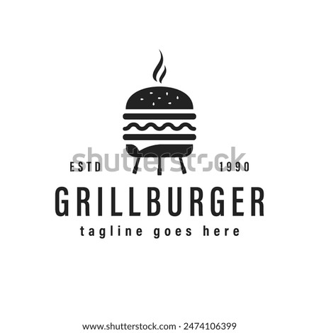 Grilled Burger logo design. Grilled burger with kettle charcoal grill logo design.