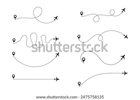 Airplane dotted route line set. Path travel line shapes. Flight route with start point and dash line trace for plane