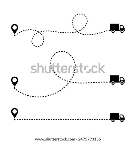 Multiple truck trakes with dotted lines. Pin map location of truck delivery on route icon design element vector illustration