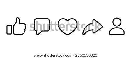 Social media line icons. Thumbs up, Heart, like, share, comment, and repost icon. Vector illustration