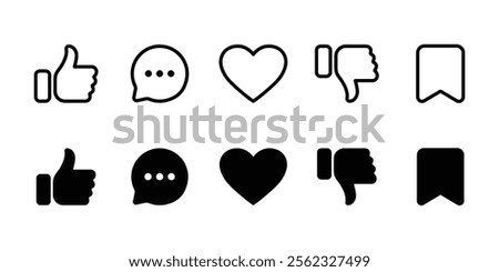 Social media icon set. Like, speech bubbles, messages, bookmarks, dislikes, and heart icons. Linear and silhouette style.