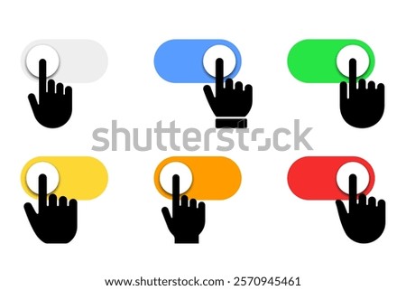 Set of finger on switches vector icons. On and Off toggle switch buttons. Hand dragging slider. Off and on button.