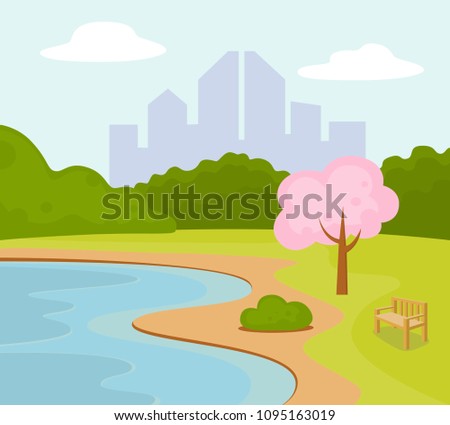 Vector illustration of City park bench under  tree near the pond