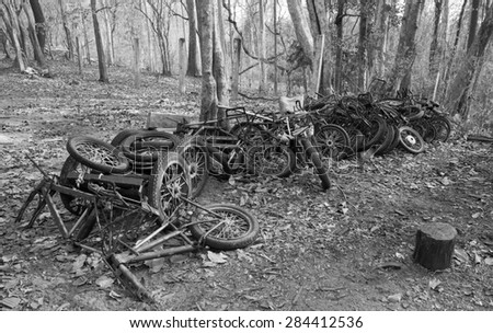 4/2014 Yok Don Forest Vietnam, Old Motorcycles are discarded by the Vietnamese Forest Service in the forest and used for scrap.