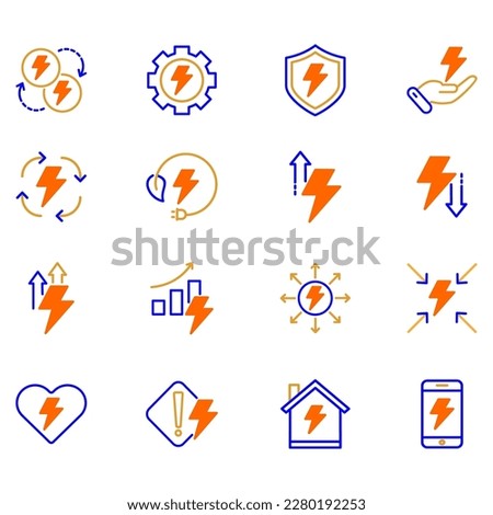 Set of vector icons related to energy. Vector illustrations such as energy reduction, energy home, energy management and more with editable orange and blue fill colors.