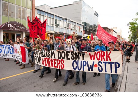OTTAWA, CANADA - MAY 29: Student and union demonstrators marched through Ottawa, just across from Quebec as part of a rally to support the ongoing Quebec student protest May 29, 2012 in Ottawa Canada.