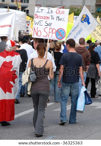 OTTAWA - AUG. 19: Protest of the Prosperity Partnership talks between the leaders of the NAFTA countries. This took place in Ottawa, Canada on Aug. 19, 2007.