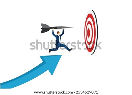 Business target achievement or success and reaching for target and goal concept, businessman leader holding dart running from rising graph arrow and jump to bullseye target to win in business strategy