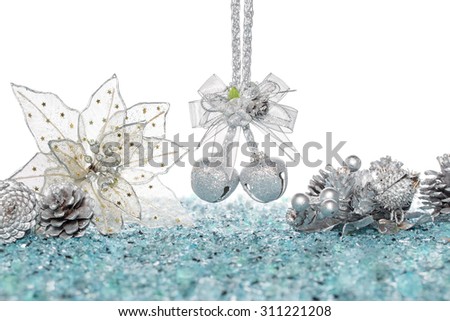 Luxury Silver jingle Bells, flower and Pine Cone on Snow, hanging Decoration, isolated on white