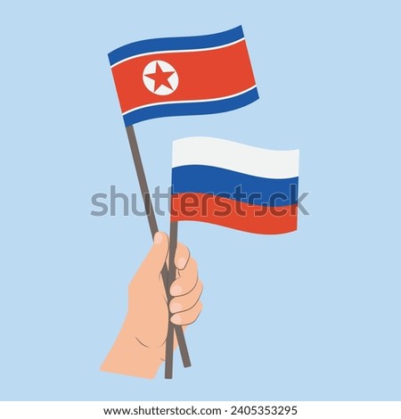 Flags of North Korea and Russia, Hand Holding flags