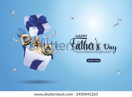 Blue Father's Day sales page, open gift box with flying heart balloons, DAD letter balloons and ribbons