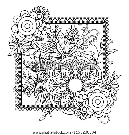 Adult Coloring Page With Flowers Pattern Black And White Doodle Wreath Floral Mandala Bouquet Line Art Vector Illustration Isolated On Background