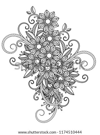 Adult Coloring Page With Floral Pattern Black And White Doodle Flowers Bouquet Line Art Vector Illustration Isolated On Background Design Element