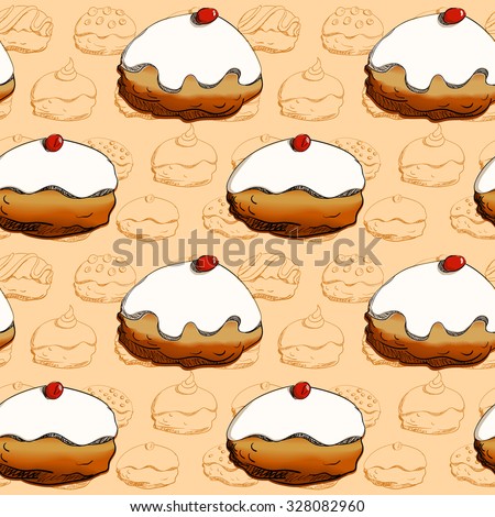 Holiday Hanukkah vector background. Seamless pattern with various donuts for jewish holiday Hanukkah. Hand drawn vector illustration