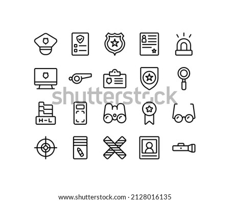 Simple icon of Police Security-related line icon. Contain such icons as sheriff bagde, whistle, idcard, binocular, target, flashlight, and more. Editable stroke.