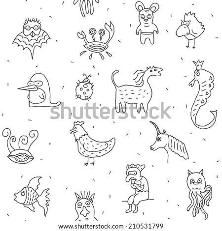 Crazy weird animals drawings seamless vector pattern on white background
