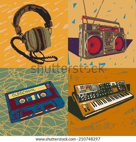 Old headphones, ghetto blaster, tape cassette and synthesizer vector graphic illustrations set