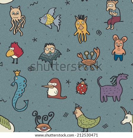 Crazy weird animals and aliens drawings seamless vector pattern