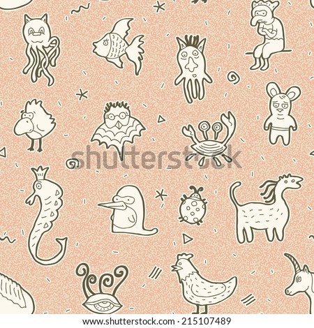 Crazy weird animals and aliens drawings seamless vector pattern