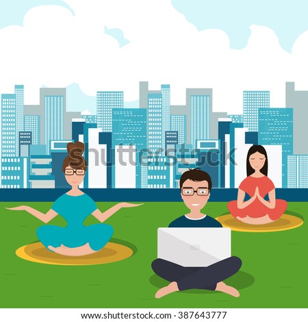 Digital marketing specialist practicing yoga on fresh air. Vector illustration