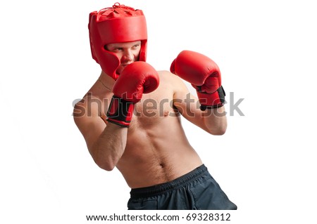 Defense of professional boxer with gloves and protective headgear isolated on white background