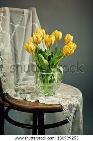 Beautiful bright yellow tulips in Still Life in Glass Vase on antique wooden Chair with Lace Cloth