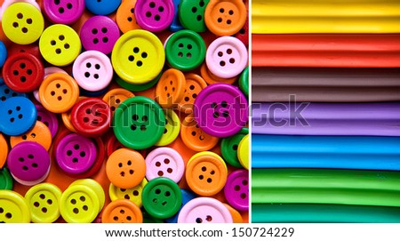 Heap of buttons and modeling clay in many color variations