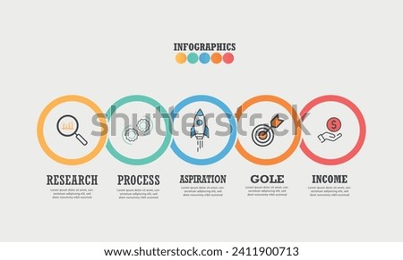 Business infographics. Process with 5 steps, labels, pointers. Vector infographic elements.
