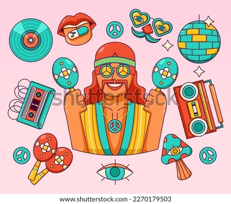 Groovy vector. A man playing maracas, radio, cassette, glasses, music and tongue