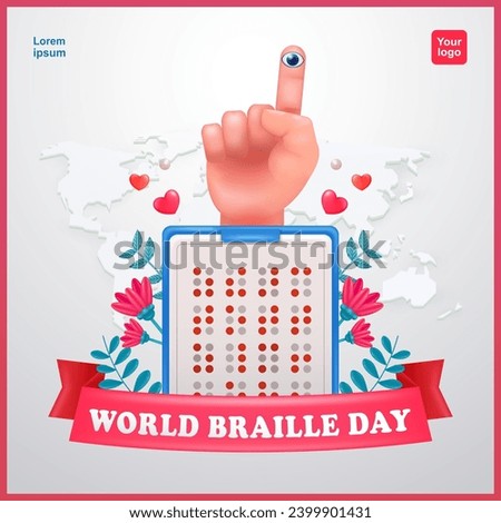 World Braille Day. Braille letters and index finger with eye and flower elements. Suitable for world blind day, greeting cards, posters, and banners as well as social media