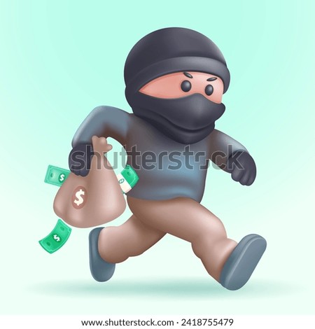 Masked thief carrying a bag of money. 3d vector, suitable for design elements