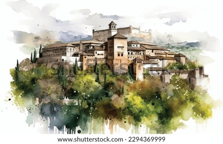 The Alhambra Granada Spain watercolor painting white background.