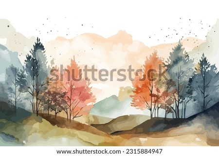Colorful mountain landscape watercolor style isolated on white background. Snowy mountain peak with a lake and fir trees. Watercolor mountain landscape. Ideal for postcard, book, poster, banner.Vector