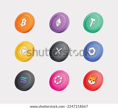 3d illustration of cryptocurrency coin set . Bitcoin-BTC, Ethereum-ETH, Tether-USDT,Binance Coin-BNB, XRP-XRP, Chainlink-LINK , Solana-SOL , Polkadot-DOT , Shiba ino-SHIB