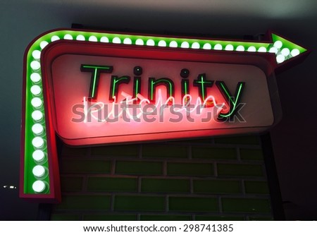 LEEDS - 20 JULY.  Neon Sign at the entrance to Trinity Kitchen, a popular \'Street Kitchen\' concept in the newly developed Trinity Centre.  Leeds, UK. 20 July 2015