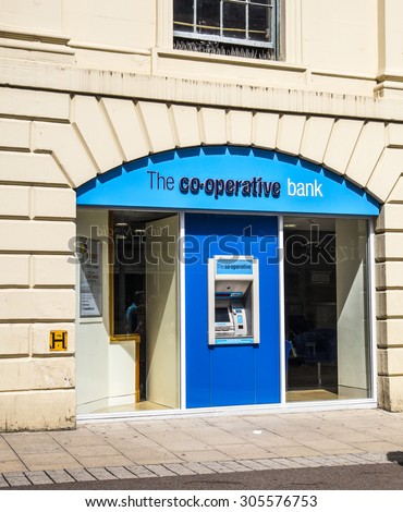LEEDS, UK - 6 AUGUST 2015.  Picture of ATM Machine Outside  Co-operative Bank Branch.