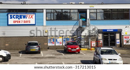 LEEDS, UK - 15 SEPTEMBER 2015. ScrewFix.  Sign on the Screwfix shop in Seacroft, Leeds.