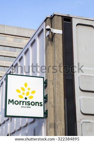 LEEDS, UK - 30 SEPTEMBER 2015.  Morrisons. New Morrisons Supermarket Logo outside refurbished Merrion Centre Store in Leeds.
