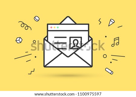 Icon of new open mail envelope. White mail envelope and letter or icon file. Email icon or message. Icon of open mail envelope with explosive memphis graphic element. Vector Illustration