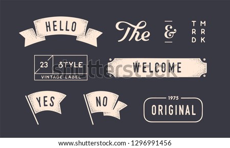 Set of vintage graphic. Design elements, linear drawing, vintage hipster style. Flag, ribbon, banner, border, style elements, the and ampersand. Set of vintage retro graphic. Vector Illustration