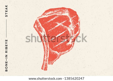 Steak, Bone-In Ribeye. Poster with steak silhouette, text Bone-In Ribeye, Steak. Logo typography template for meat shop, market, restaurant. Design - banner, sticker, menu. Vector Illustration