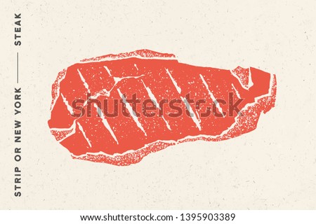 Steak, Strip or New York. Poster with steak silhouette, text Strip, NY, New York, Steak. Logo typography template for meat business, shop, market, restaurant menu. Vector Illustration