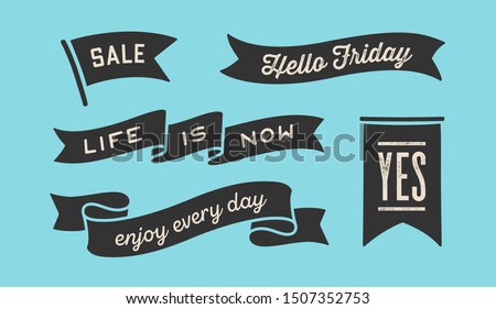 Ribbon Banner. Set of black ribbon banner with text, phrase. Black isolated vintage old school silhouette ribbon with text Yes, Sale, Hello. Graphic elements for design message. Vector Illustration