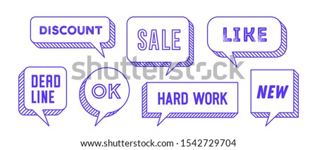 Speech Bubble. Set of 3d and 2d line speech bubble cloud talk with text Hallo, Goodbye, Ciao, Good Day. White speech bubble isolated cloud talk silhouette on yellow background. Vector Illustration