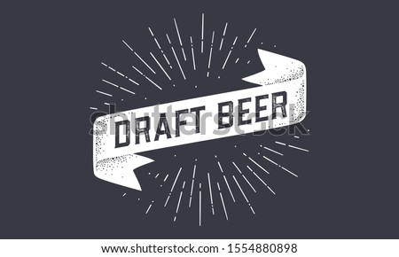 Flag Draft Beer. Old school ribbon flag banner with text Draft Beer. Ribbon flag in vintage style with linear drawing light rays, sunburst and rays of sun, text draft beer. Vector Illustration